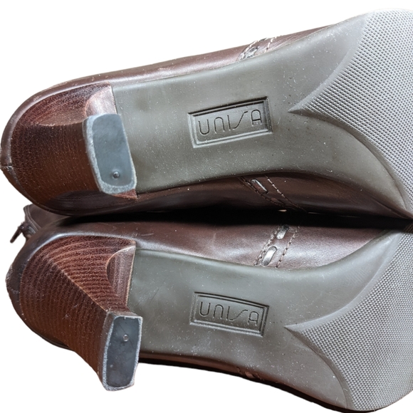 Ankle Boot Brown 10B Square Pointed Toe Metallic Bronze Stitching Rectangle Heel - Picture 5 of 16